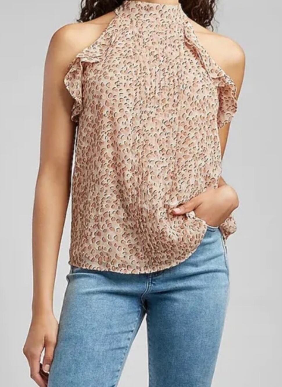 Express womens tan leopard print pintuck ruffled halter top size XS